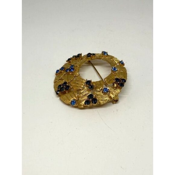 Vintage Unsigned Gold Tone Blue Rhinestone Round Brooch - Picture 3 of 6